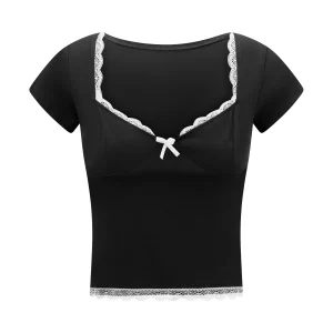 Sweet Summer Lace Trim Cropped Tops | Women's Short Sleeve Sweetheart Neck Mini Bow Front T-Shirt