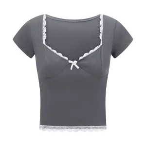 Sweet Summer Lace Trim Cropped Tops | Women's Short Sleeve Sweetheart Neck Mini Bow Front T-Shirt