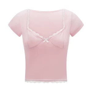 Sweet Summer Lace Trim Cropped Tops | Women's Short Sleeve Sweetheart Neck Mini Bow Front T-Shirt