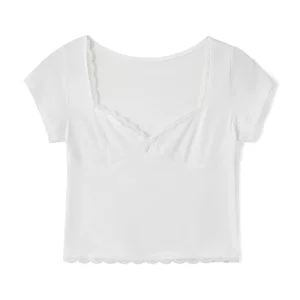 Sweet Summer Lace Trim Cropped Tops | Women's Short Sleeve Sweetheart Neck Mini Bow Front T-Shirt