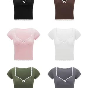 Sweet Summer Lace Trim Cropped Tops | Women's Short Sleeve Sweetheart Neck Mini Bow Front T-Shirt