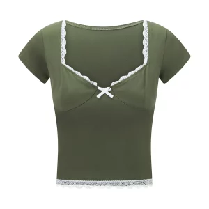 Sweet Summer Lace Trim Cropped Tops | Women's Short Sleeve Sweetheart Neck Mini Bow Front T-Shirt