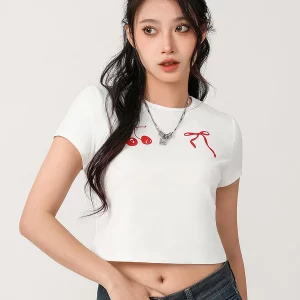 Sweet White Summer T-Shirts with Bow/Fruit Print