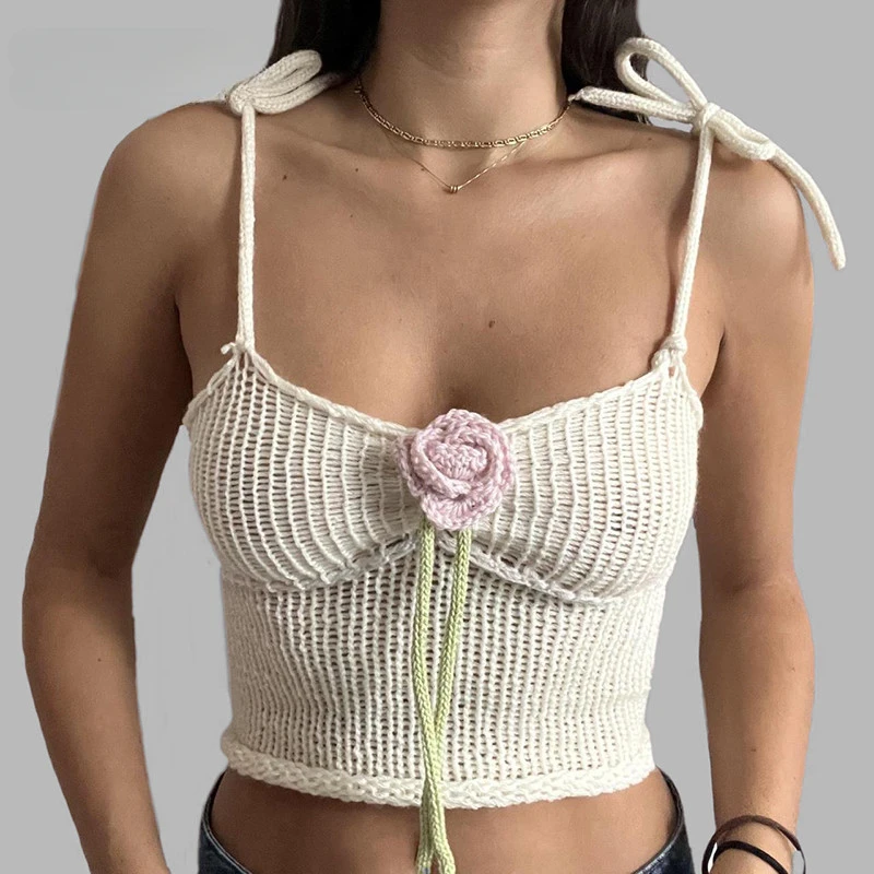 Sweetown White Knitted Boho Camisole | Backless Lace-Up Crop Top