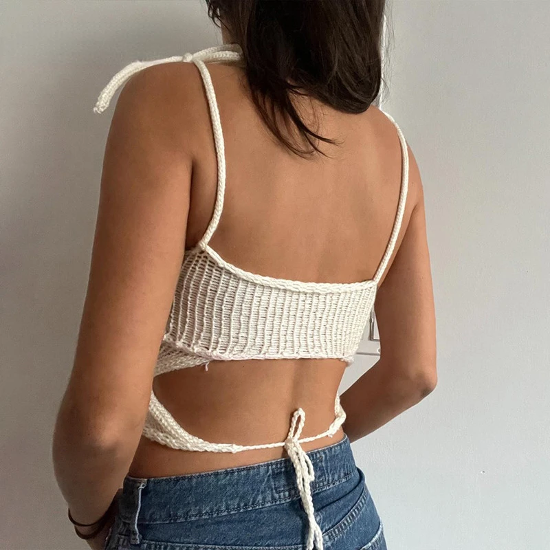 Sweetown White Knitted Boho Camisole | Backless Lace-Up Crop Top