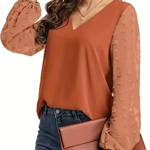 Swiss Dot V-Neck Shirt for Women, Plus Size Solid Top