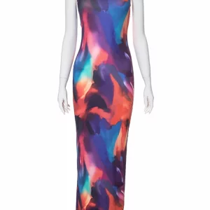 Tie Dye Print Sleeveless Long Dress for Women - Y2K Club Party Elegant Beach Holiday Outfit