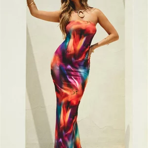 Tie Dye Print Sleeveless Long Dress for Women - Y2K Club Party Elegant Beach Holiday Outfit