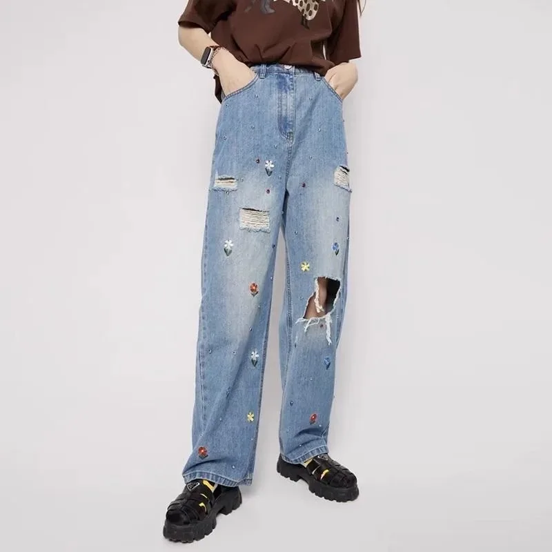 Trendy Flower Embroidered Straight Leg Jeans with Beaded Loose Fitting Summer Pants