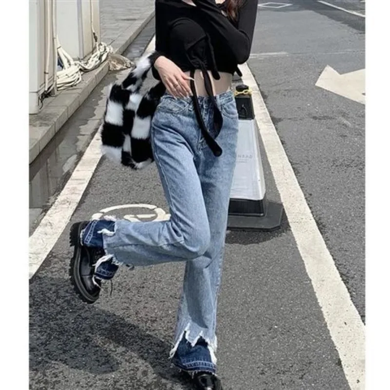 Trendy Street Tassel Vent Denim Pants | Women's Hong Kong Style Blue Jeans