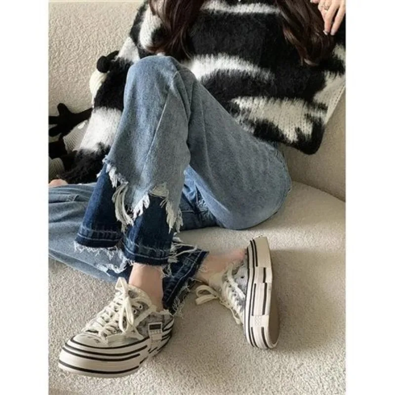 Trendy Street Tassel Vent Denim Pants | Women's Hong Kong Style Blue Jeans