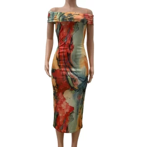 Tropical Off-Shoulder Print Midi Dress for Women