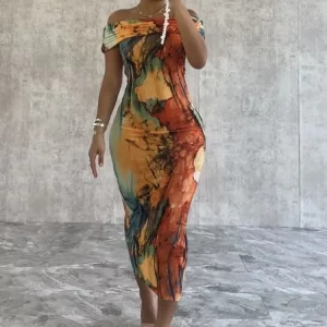 Tropical Off-Shoulder Print Midi Dress for Women