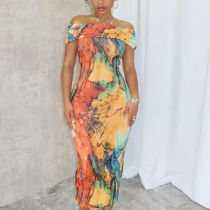 Tropical Off-Shoulder Print Midi Dress for Women