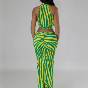 Tropical Women's Animal Print Halter Crop Top & High-Waisted Skirt Set