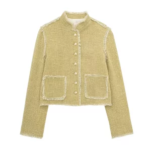 Tweed Coat with Tassels: Stylish Single Breasted Stand Collar Women's Outwear for Spring 2024