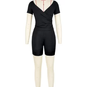 V-Neck Pleated Top & Tight Shorts Set | Women's Sexy 2-Piece Outfit | 202