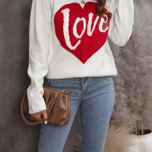 Valentine's Day Heart Print Loose Knit Round Neck Sweater