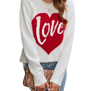 Valentine's Day Heart Print Loose Knit Round Neck Sweater