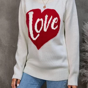 Valentine's Day Heart Print Loose Knit Round Neck Sweater