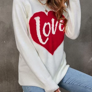 Valentine's Day Heart Print Loose Knit Round Neck Sweater