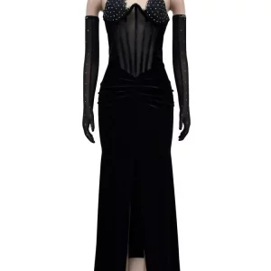 Velvet Halter Evening Dress with Sexy Mesh Detail, Long Sleeve Bodycon Maxi - 2024 Party Clubwear