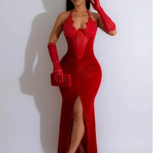 Velvet Halter Evening Dress with Sexy Mesh Detail, Long Sleeve Bodycon Maxi - 2024 Party Clubwear