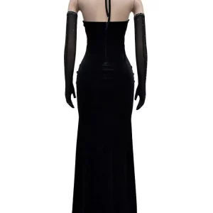 Velvet Halter Evening Dress with Sexy Mesh Detail, Long Sleeve Bodycon Maxi - 2024 Party Clubwear