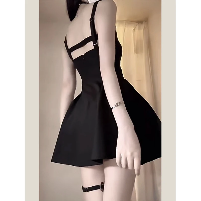 Vintage Black Mini Dress Women's Elegant Strap Bodycon A-Line Party Prom Dress