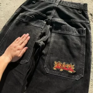 Vintage Blue Baggy Jeans with Monogram Embroidery