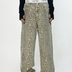 Vintage Blue Leopard Print Loose Jeans for Women - Harajuku Street Style Straight Pants