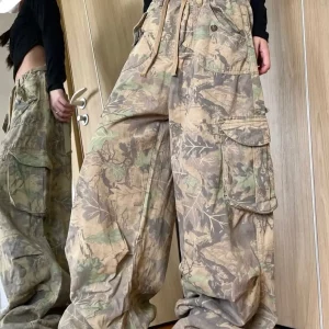 Vintage Camo Cargo Jeans for Women - American Street Style Straight Leg Pants