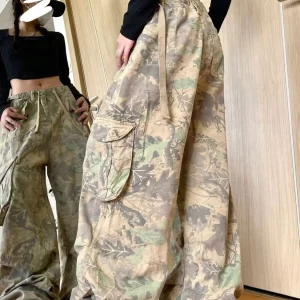 Vintage Camo Cargo Jeans for Women - American Street Style Straight Leg Pants