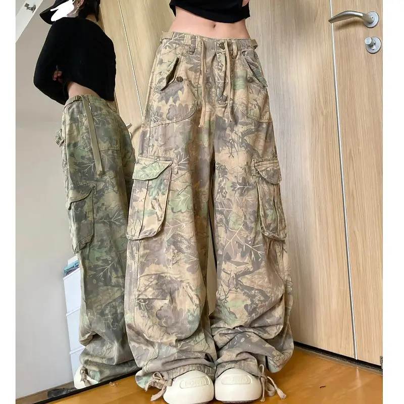 Vintage Camo Cargo Jeans for Women - American Street Style Straight Leg Pants