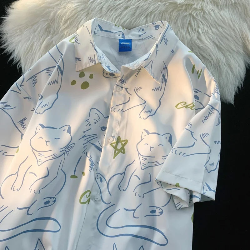 Vintage Cat Print Button Up Shirt | Women's Casual Streetwear Blouse