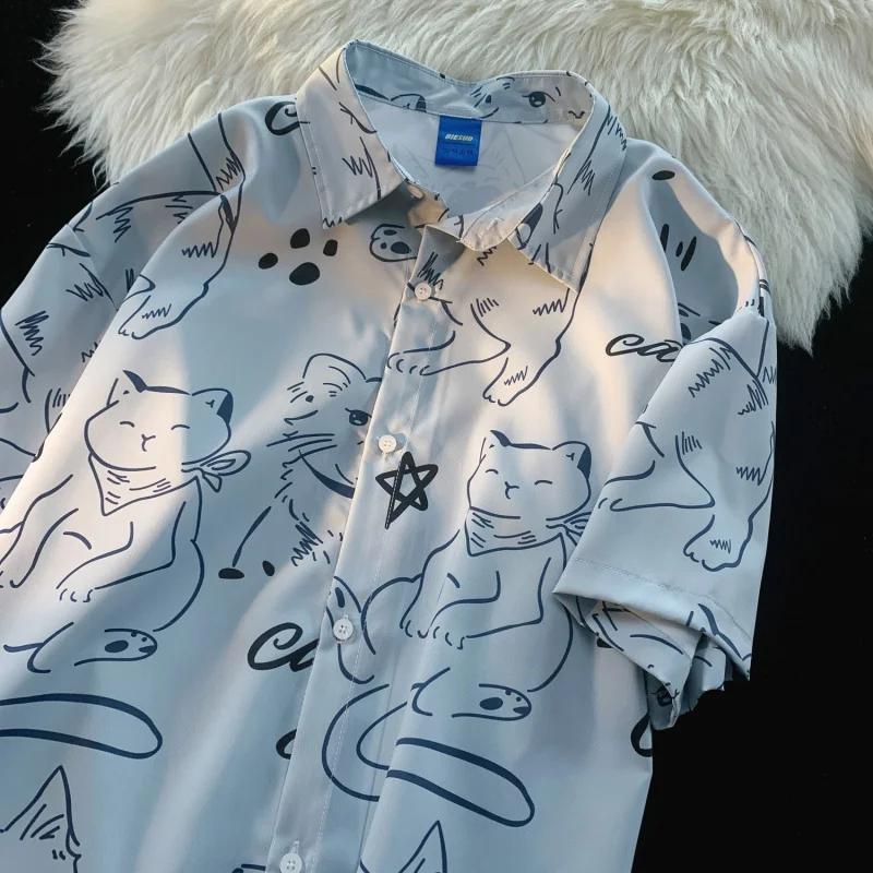 Vintage Cat Print Button Up Shirt | Women's Casual Streetwear Blouse