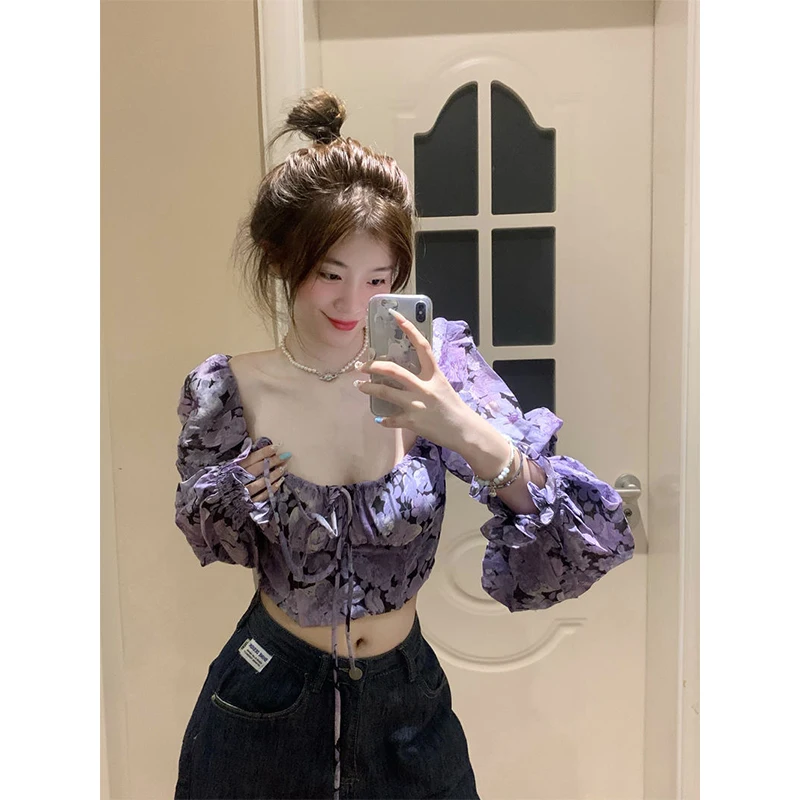 Vintage Floral Puff Sleeve Crop Tops for Women - Y2K Style