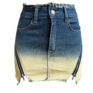 Vintage Gradient Zipper Denim Skirt Women High Waisted A-Line Mini Skirt