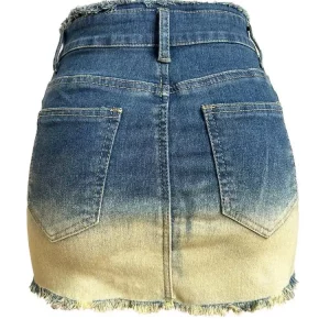 Vintage Gradient Zipper Denim Skirt Women High Waisted A-Line Mini Skirt