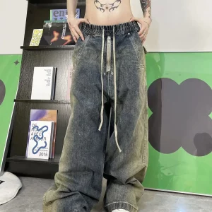 Vintage High Waist Wide Leg Denim Pants for Women