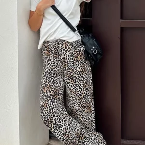 Vintage Leopard Print High Waist Wide Leg Pants - 2024 Spring Summer Women's Fashion