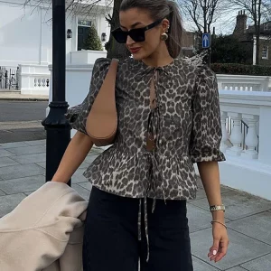 Vintage Leopard Print Lace Up Shirt with Puff Sleeves