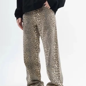 Vintage Leopard Print Loose Straight Leg Jeans - 2024 Spring Trend Women's Casual Wide Leg Pants