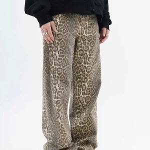 Vintage Leopard Print Loose Straight Leg Jeans - 2024 Spring Trend Women's Casual Wide Leg Pants