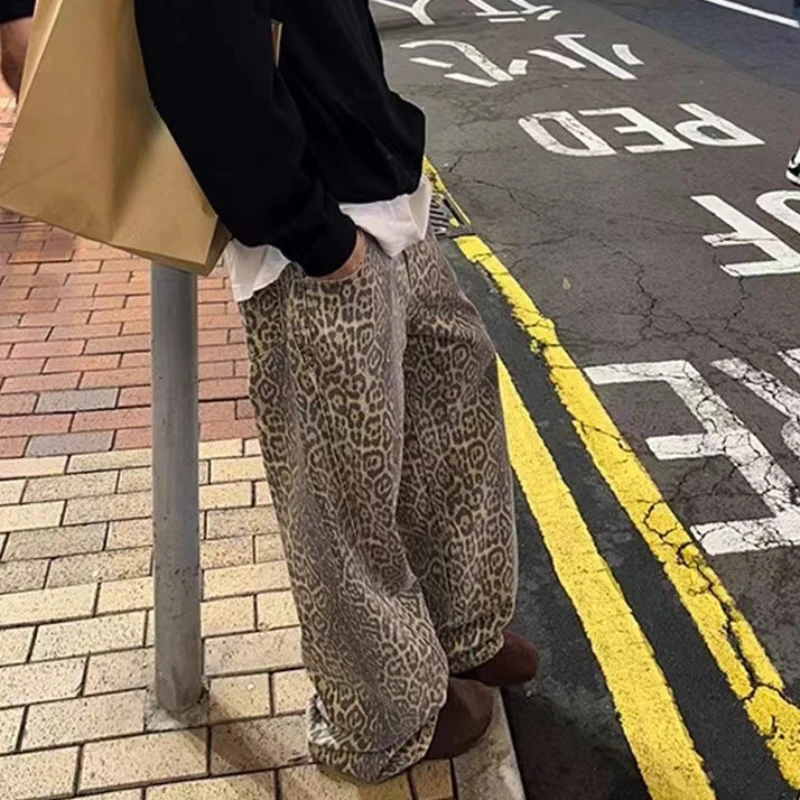 Vintage Leopard Print Loose Straight Leg Jeans - 2024 Spring Trend Women's Casual Wide Leg Pants