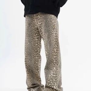 Vintage Leopard Print Loose Straight Leg Jeans - 2024 Spring Trend Women's Casual Wide Leg Pants