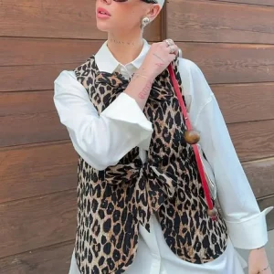 Vintage Leopard Print Sleeveless Vest with Lace-Up Bow - Elegant Women's Jacket