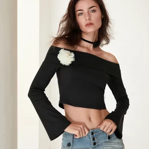 Vintage Off-Shoulder Long Sleeve Floral Crop Top Women's Casual Fashion