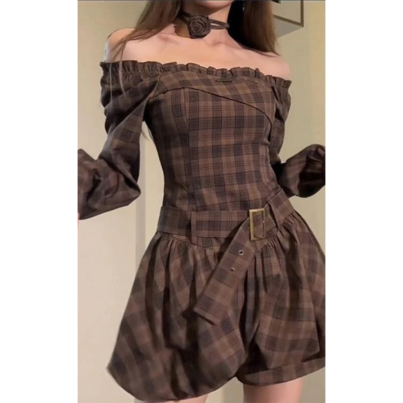 Vintage Plaid Mini Dress Women Streetwear Sexy Slash Neck Harajuku Korean Long Sleeve Tunic