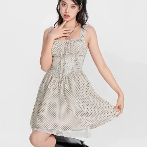 Vintage Polka Dot Suspender Corset Mini Dress - Elegant Sleeveless Lace Trim Strapless Dress